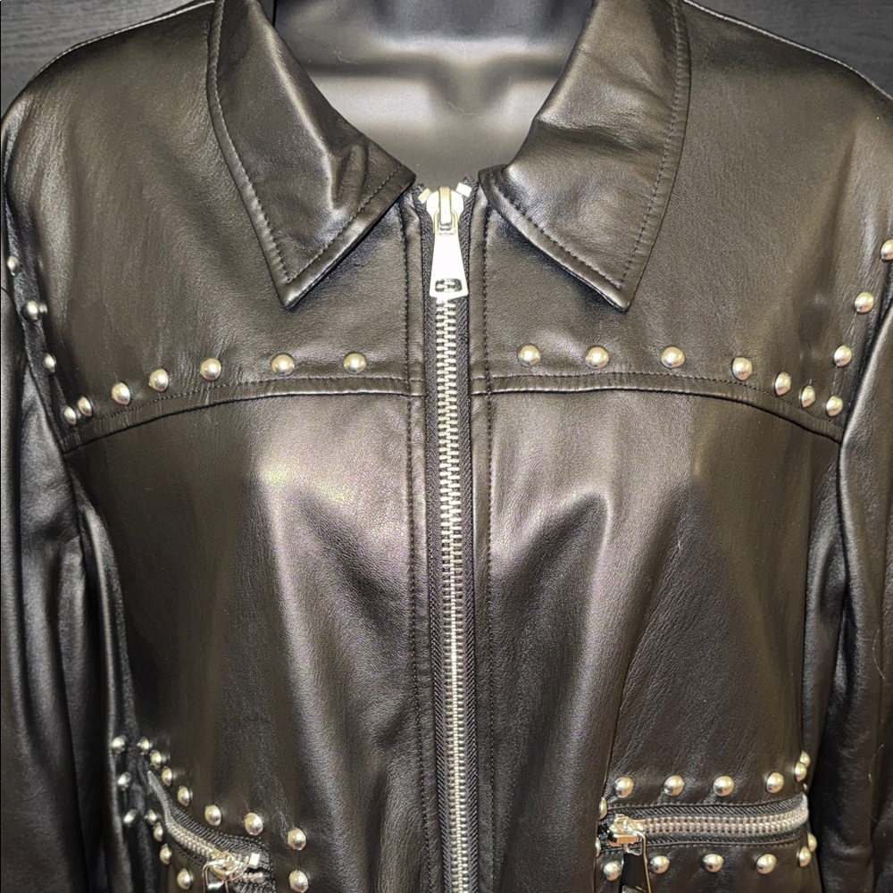 Bebe Studded Black Leather Bomber Jacket